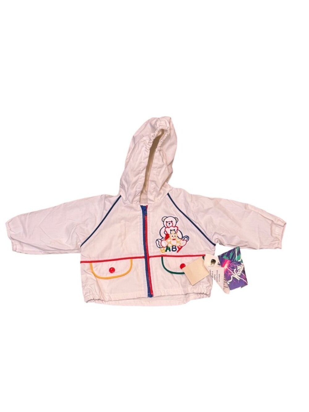 Vintage Weather Tamer Baby Jacket 6/9M White Hooded With Teddy Bear Design